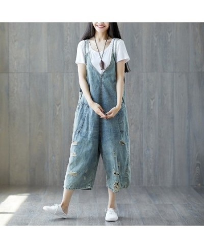 Women Thin Denim Jumpsuits Holes Vintage Loose Bleached Ripped Denim Trousers Female Jeans Summer Rompers 2023 Thin Trousers ...