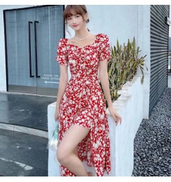 Short Sleeve Dress Women Summer Floral Mid-calf Sweet Ladies Holiday Empire Leisure Chic Ins Simple All-match Clothing Retro ...