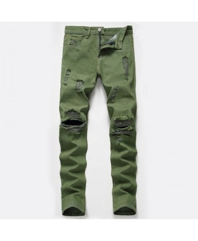 Personality Ripped Army Green Jeans New Large Size men's European And American Ripped Denim $54.11 - Jeans