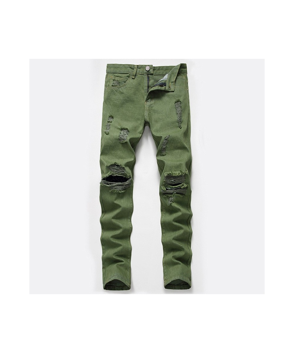 Personality Ripped Army Green Jeans New Large Size men's European And American Ripped Denim $54.11 - Jeans