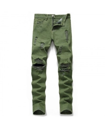 Personality Ripped Army Green Jeans New Large Size men's European And American Ripped Denim $54.11 - Jeans