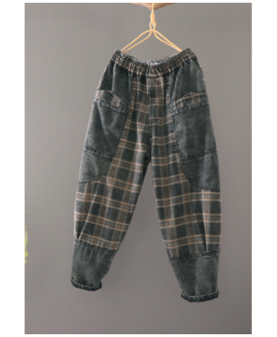 2023 Retro Women Jeans Elastic Waist Plaid Harem Casual Loose Spring Autumn Fashion Cotton Denim Trousers Female YoYiKamomo $...