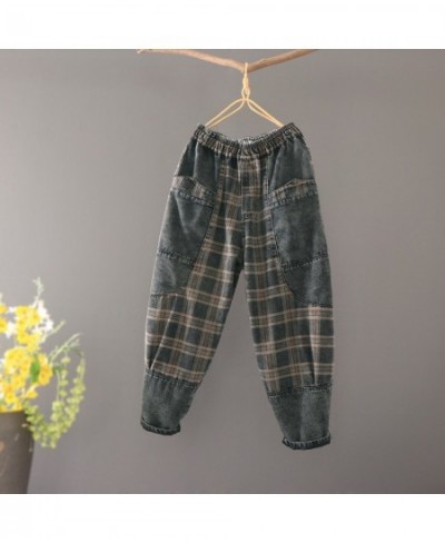 2023 Retro Women Jeans Elastic Waist Plaid Harem Casual Loose Spring Autumn Fashion Cotton Denim Trousers Female YoYiKamomo $...