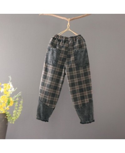 2023 Retro Women Jeans Elastic Waist Plaid Harem Casual Loose Spring Autumn Fashion Cotton Denim Trousers Female YoYiKamomo $...