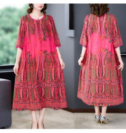 2023 Loose Casual Red Print Chic Beach Maxi Dress Spring Summer Vintage Silk Midi Evening Dress Elegant Women Bodycon Party $...