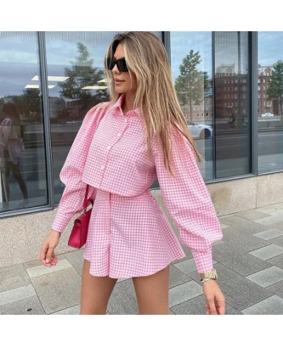 Plaid Women's 2 Pieces Set With Shorts Pajama Ladies Long Sleeve Sleepwear Spring Summer Single Breasted Pijama Suit For Fema...