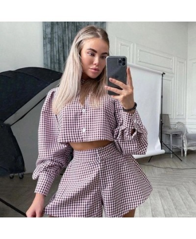 Plaid Women's 2 Pieces Set With Shorts Pajama Ladies Long Sleeve Sleepwear Spring Summer Single Breasted Pijama Suit For Fema...