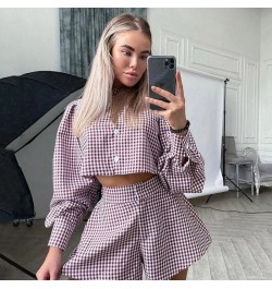 Plaid Women's 2 Pieces Set With Shorts Pajama Ladies Long Sleeve Sleepwear Spring Summer Single Breasted Pijama Suit For Fema...