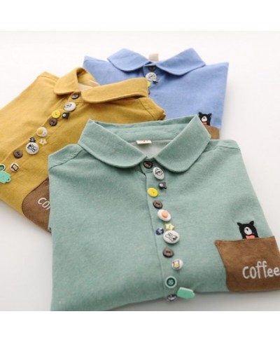 Mori Girl 2023 Spring Colorful Buttons Peter Pan Collar Long Sleeve Brushed Cotton Shirt Blouse $47.81 - Women Tops