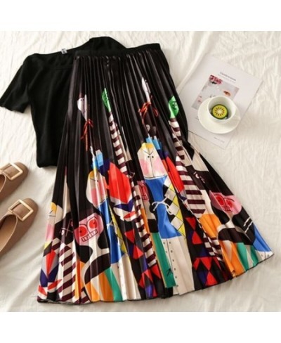 2023 New Fashion Womens Pleated Skirts Summer Cartoon Printing High Waist Elastic Swing A-Line High Street Midi Skirt Female ...