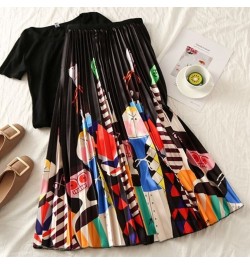 2023 New Fashion Womens Pleated Skirts Summer Cartoon Printing High Waist Elastic Swing A-Line High Street Midi Skirt Female ...