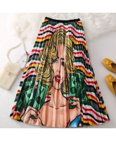 2023 New Fashion Womens Pleated Skirts Summer Cartoon Printing High Waist Elastic Swing A-Line High Street Midi Skirt Female ...