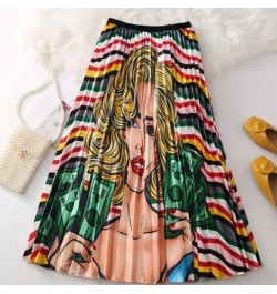 2023 New Fashion Womens Pleated Skirts Summer Cartoon Printing High Waist Elastic Swing A-Line High Street Midi Skirt Female ...