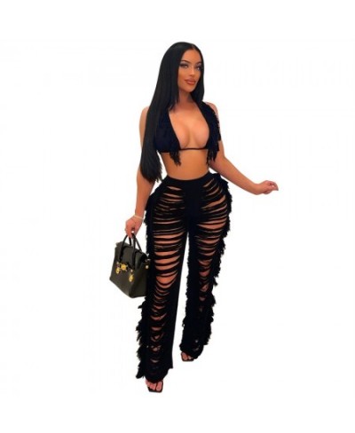 Women Clubwear 2 Two Piece Set Tassel Lace Up Bra Top Bikini Hollow Out See Through Tassel Long Pants Suits Beach Party Outfi...