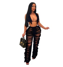 Women Clubwear 2 Two Piece Set Tassel Lace Up Bra Top Bikini Hollow Out See Through Tassel Long Pants Suits Beach Party Outfi...