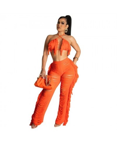 Women Clubwear 2 Two Piece Set Tassel Lace Up Bra Top Bikini Hollow Out See Through Tassel Long Pants Suits Beach Party Outfi...