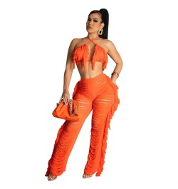 Women Clubwear 2 Two Piece Set Tassel Lace Up Bra Top Bikini Hollow Out See Through Tassel Long Pants Suits Beach Party Outfi...