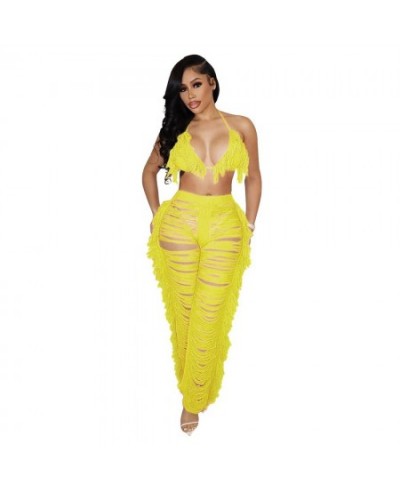 Women Clubwear 2 Two Piece Set Tassel Lace Up Bra Top Bikini Hollow Out See Through Tassel Long Pants Suits Beach Party Outfi...