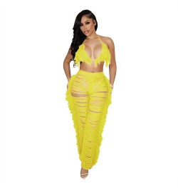 Women Clubwear 2 Two Piece Set Tassel Lace Up Bra Top Bikini Hollow Out See Through Tassel Long Pants Suits Beach Party Outfi...