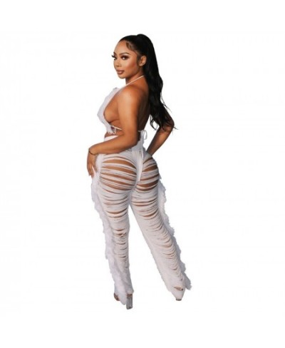 Women Clubwear 2 Two Piece Set Tassel Lace Up Bra Top Bikini Hollow Out See Through Tassel Long Pants Suits Beach Party Outfi...