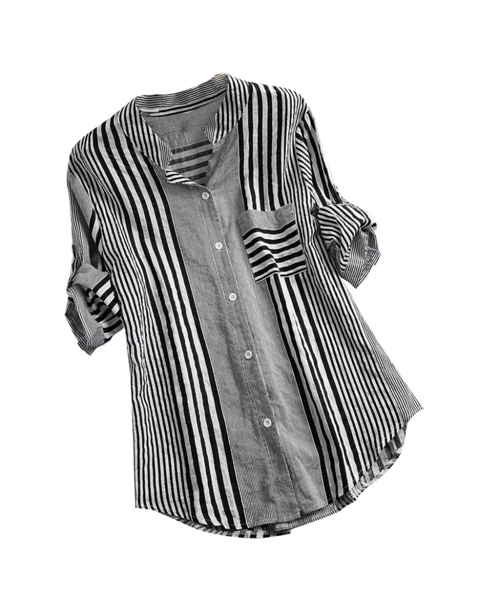 Long Women Plus Size Three Quarter Blouses Women Casual Striped Print V-neck Loose Fit Top Tee lady Blouse Zip-up Soft Shirt ...