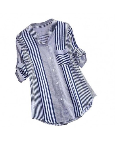 Long Women Plus Size Three Quarter Blouses Women Casual Striped Print V-neck Loose Fit Top Tee lady Blouse Zip-up Soft Shirt ...