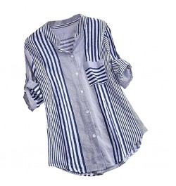 Long Women Plus Size Three Quarter Blouses Women Casual Striped Print V-neck Loose Fit Top Tee lady Blouse Zip-up Soft Shirt ...