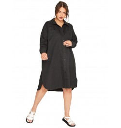 Plus Size Long Rolling Sleeve Spring Autumn Elegant Shirt Dress Women Button Front Black Hi Low Business Casual Midi Dress 6X...