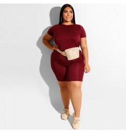 Womens Two Peice Sets Plus Size O-Neck Solid Knee-length Plus Size Matching Sets Short Slim Fit Casual Elastic Waist High Wai...