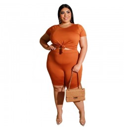 Womens Two Peice Sets Plus Size O-Neck Solid Knee-length Plus Size Matching Sets Short Slim Fit Casual Elastic Waist High Wai...