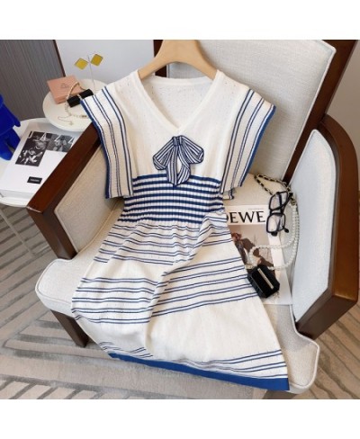 French Elegant V-neck Bow Striped High Waist Slim Mini Dress Women's Spring Sleeveless Contrast Stripe Knitted Female Dress $...