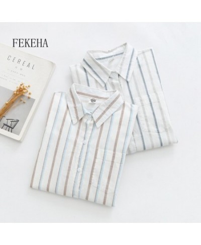 Women Striped Blouse Shirt Long Sleeve Female Loose Blusas Autumn 100% Cotton Casual Ladies Office Blouses White Top $32.40 -...