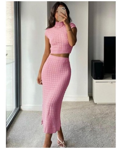 Knitted Dress Set Short Sleeve Crop Top High Waist Long Skirt Suit Pink Matching Sets Women Outfit Streetwear Chic Two Piece ...