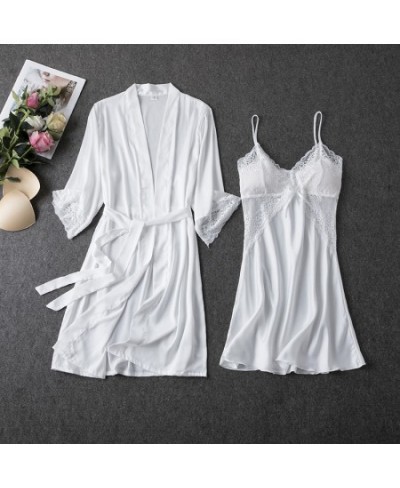 2PCS Women V-Neck Bathrobe Gown Set Sexy Lace Kimono Robe Sleep Suit Nightshirts Loungewear Summer Sleepwear Nightgown $43.39...