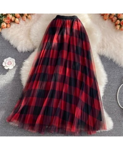 Cute Plaid Printed Tulle Long Skirt Women Fashion 2022 Autumn Winter Korean School Checked High Waist Pleated Maxi Skirt Fema...