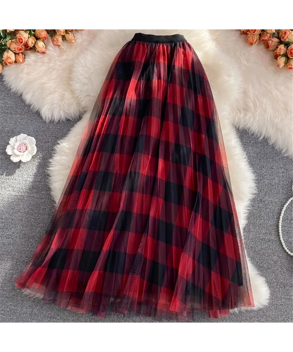 Cute Plaid Printed Tulle Long Skirt Women Fashion 2022 Autumn Winter Korean School Checked High Waist Pleated Maxi Skirt Fema...