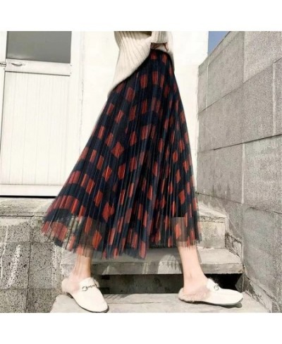 Cute Plaid Printed Tulle Long Skirt Women Fashion 2022 Autumn Winter Korean School Checked High Waist Pleated Maxi Skirt Fema...