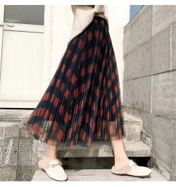 Cute Plaid Printed Tulle Long Skirt Women Fashion 2022 Autumn Winter Korean School Checked High Waist Pleated Maxi Skirt Fema...