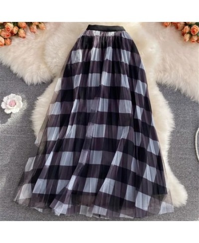 Cute Plaid Printed Tulle Long Skirt Women Fashion 2022 Autumn Winter Korean School Checked High Waist Pleated Maxi Skirt Fema...