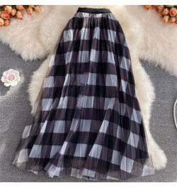 Cute Plaid Printed Tulle Long Skirt Women Fashion 2022 Autumn Winter Korean School Checked High Waist Pleated Maxi Skirt Fema...