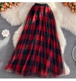 Cute Plaid Printed Tulle Long Skirt Women Fashion 2022 Autumn Winter Korean School Checked High Waist Pleated Maxi Skirt Fema...