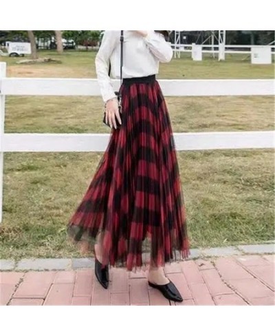 Cute Plaid Printed Tulle Long Skirt Women Fashion 2022 Autumn Winter Korean School Checked High Waist Pleated Maxi Skirt Fema...