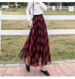 Cute Plaid Printed Tulle Long Skirt Women Fashion 2022 Autumn Winter Korean School Checked High Waist Pleated Maxi Skirt Fema...