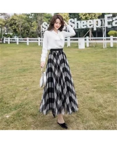 Cute Plaid Printed Tulle Long Skirt Women Fashion 2022 Autumn Winter Korean School Checked High Waist Pleated Maxi Skirt Fema...