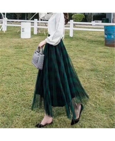 Cute Plaid Printed Tulle Long Skirt Women Fashion 2022 Autumn Winter Korean School Checked High Waist Pleated Maxi Skirt Fema...