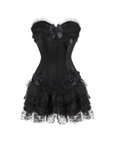 Corset Dress Bustier Overbust Skirts Top Set Women Gothic Victorian Lolita Costume Vintage Lingerie Lace Sexy Fashion Black $...