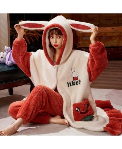 Winter Coral Fleece Pajamas Sets Women Thick Warm Flannel 2-Piece Set Sweet Cute Hooded Nightgowns Suit Soft Home Clothing F ...