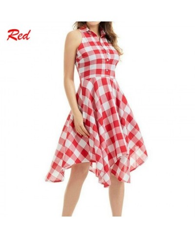 Women Sleeveless Plaid Dress A-Line Slim Pleated Shirt Dress Summer Casual Lapel Knee-Length Beach Party Midi Dress платье $2...