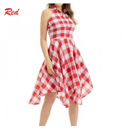 Women Sleeveless Plaid Dress A-Line Slim Pleated Shirt Dress Summer Casual Lapel Knee-Length Beach Party Midi Dress платье $2...