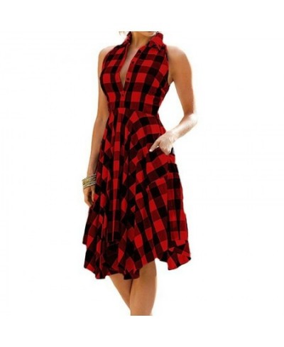 Women Sleeveless Plaid Dress A-Line Slim Pleated Shirt Dress Summer Casual Lapel Knee-Length Beach Party Midi Dress платье $2...